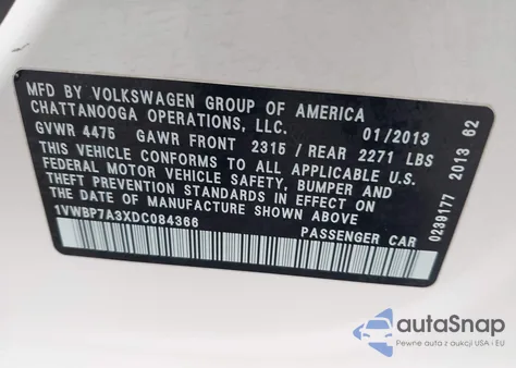 2013 Volkswagen Passat 2.5L Se из США, поврежденный, VIN 1VWBP7A3XDC084366